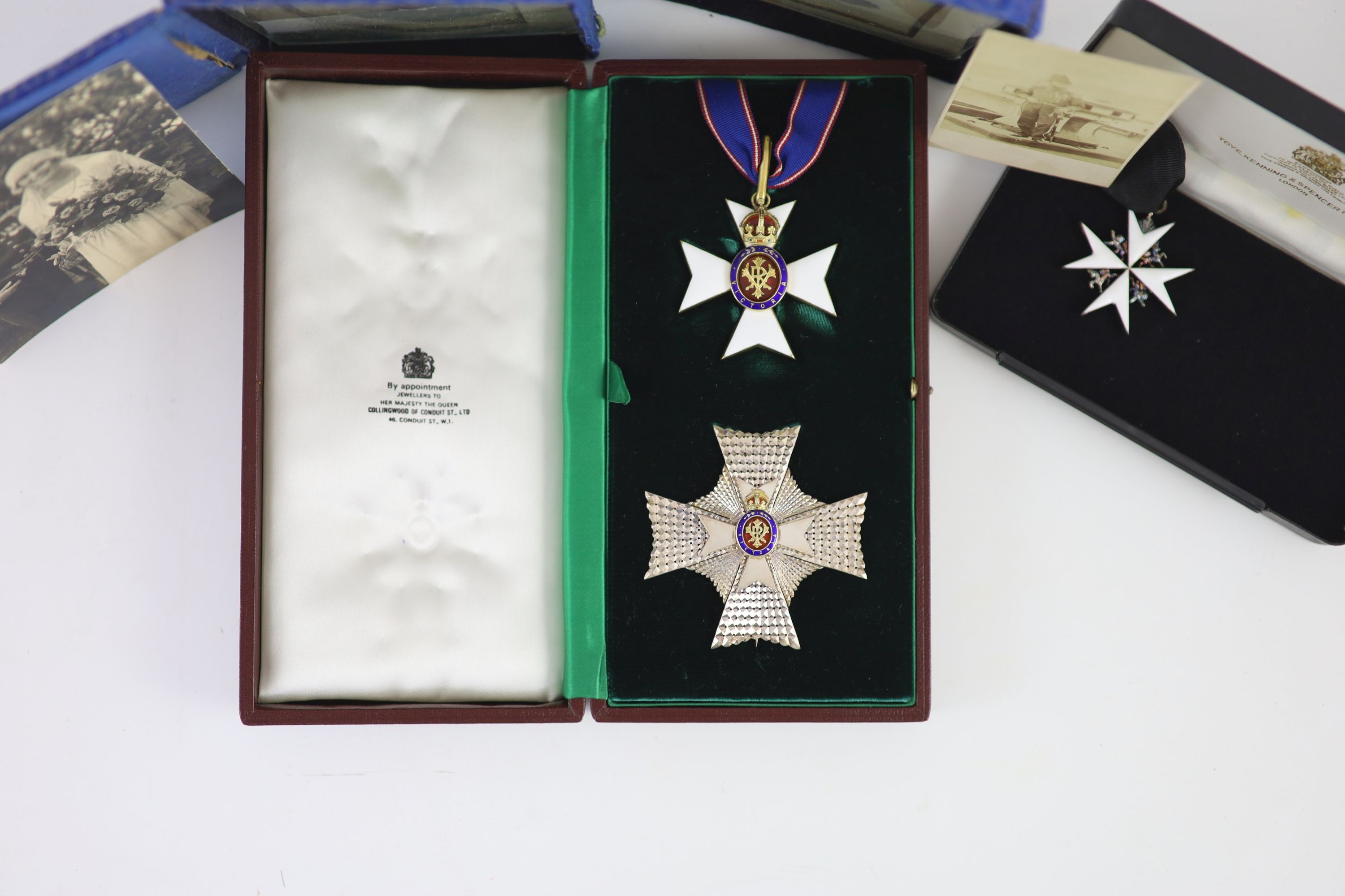 A cased WWI, WWII and Military C.B. medal group to Rear-Admiral John Dent R.N. (1899-1973) and a cased KCVO and Order of St. John to his son Sir Robin John Dent (1929-1999) Case 45.5 x 36 cm